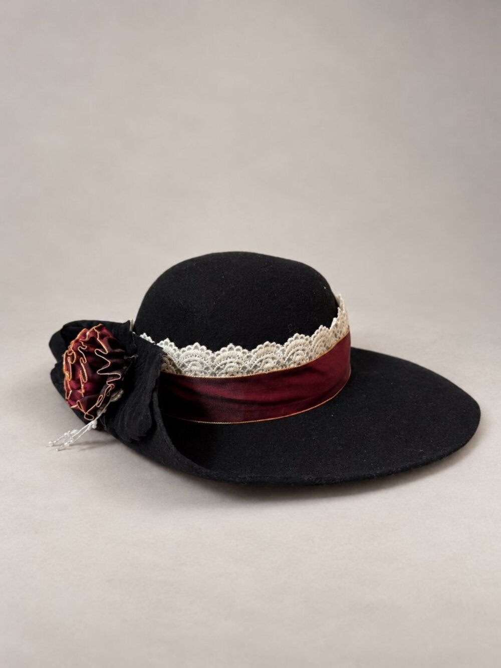 Vintage Black Wool Wide Brim Sun Hat Victorian Edwardian Gothic Lace Ribbon